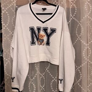 Justify White V-Neck Sweater with NY Teddy Bear
